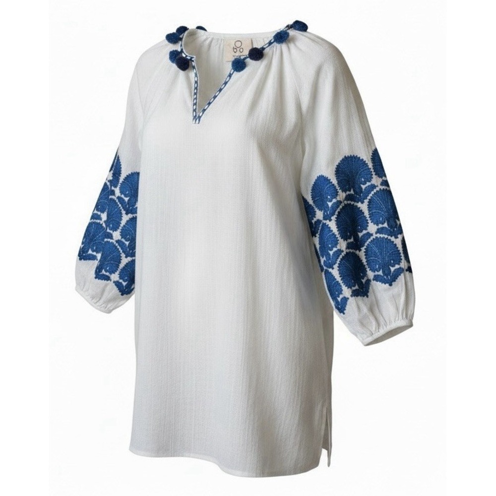 FIGUE Beige Dress/Tunic Medium W/Teal Embroidery Sleeves Boho Resort Wear Cruise